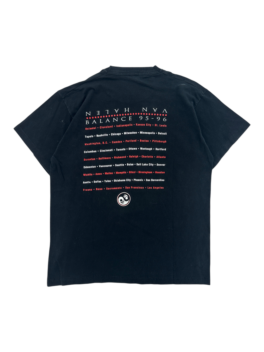 Exile Vintage black 1995 Van Halen Balance tour t-shirt back view with concert city list and yin yang logo