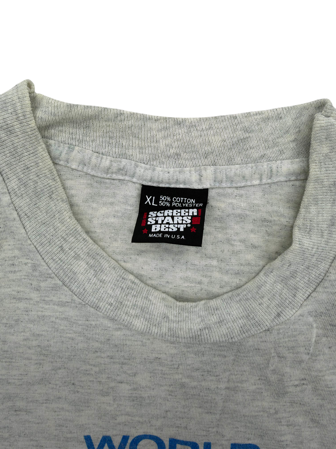 Exile Vintage 1990s Chicago Bulls t-shirt neck label showing Screen Stars Best XL size and cotton polyester blend