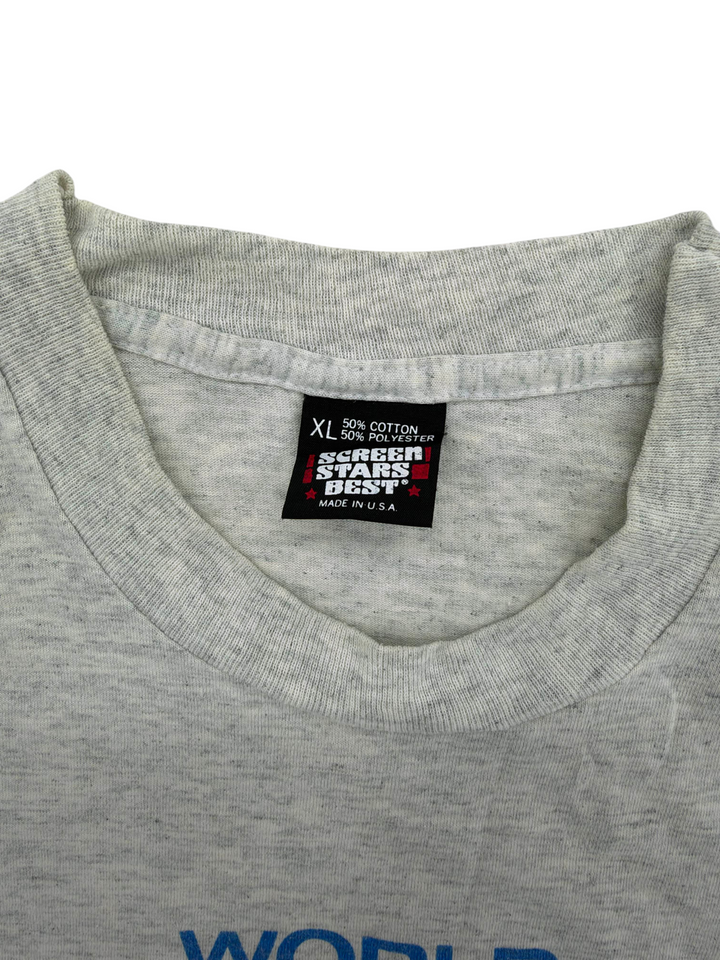 Exile Vintage 1990s Chicago Bulls t-shirt neck label showing Screen Stars Best XL size and cotton polyester blend