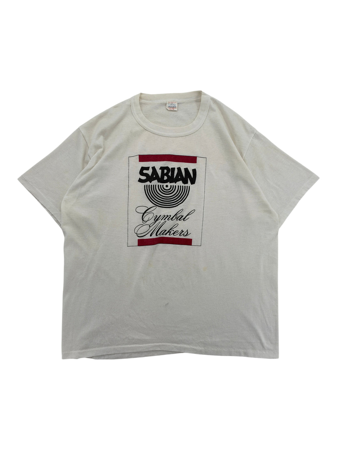 Exile Vintage 1980s white cotton t-shirt featuring a black and red Sabian Cymbal Makers graphic print