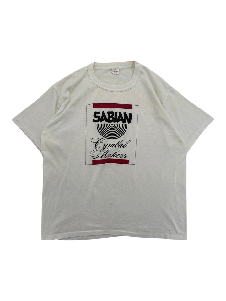 Exile Vintage 1980s white cotton t-shirt featuring a black and red Sabian Cymbal Makers graphic print