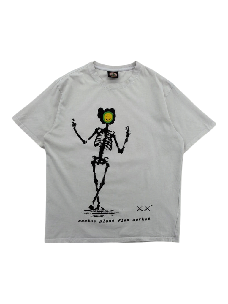 Exile Vintage white Cactus Plant Flea Market t-shirt featuring a black skeleton graphic with a smiley face head.