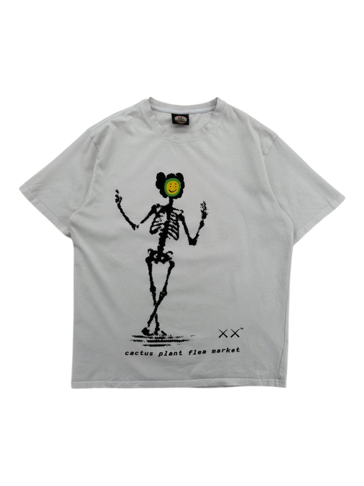 Exile Vintage white Cactus Plant Flea Market t-shirt featuring a black skeleton graphic with a smiley face head.