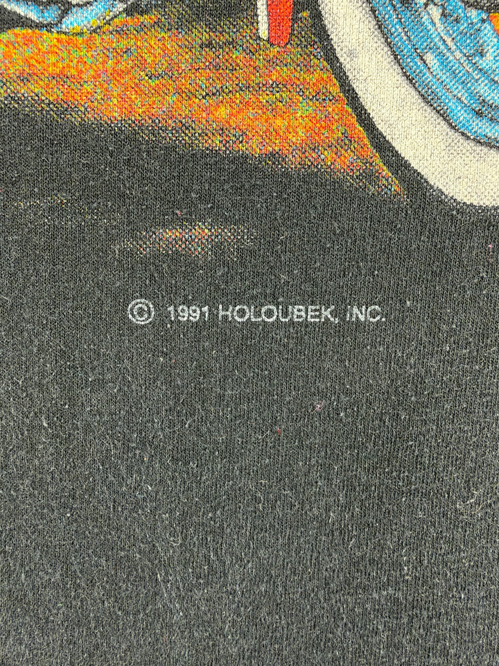 Exile Vintage 1991 Holoubek Inc copyright print detail on a black vintage Harley Davidson graphic t-shirt