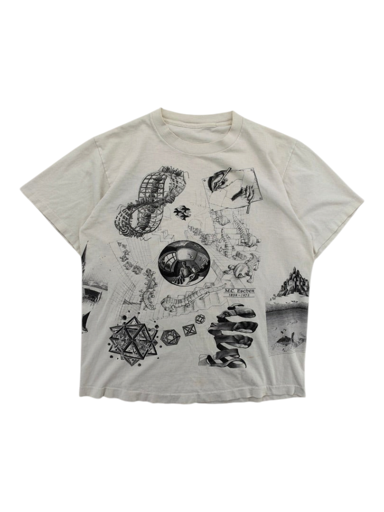 Exile Vintage 1990s Andazia M.C. Escher all-over print white cotton t-shirt with surrealist graphic art