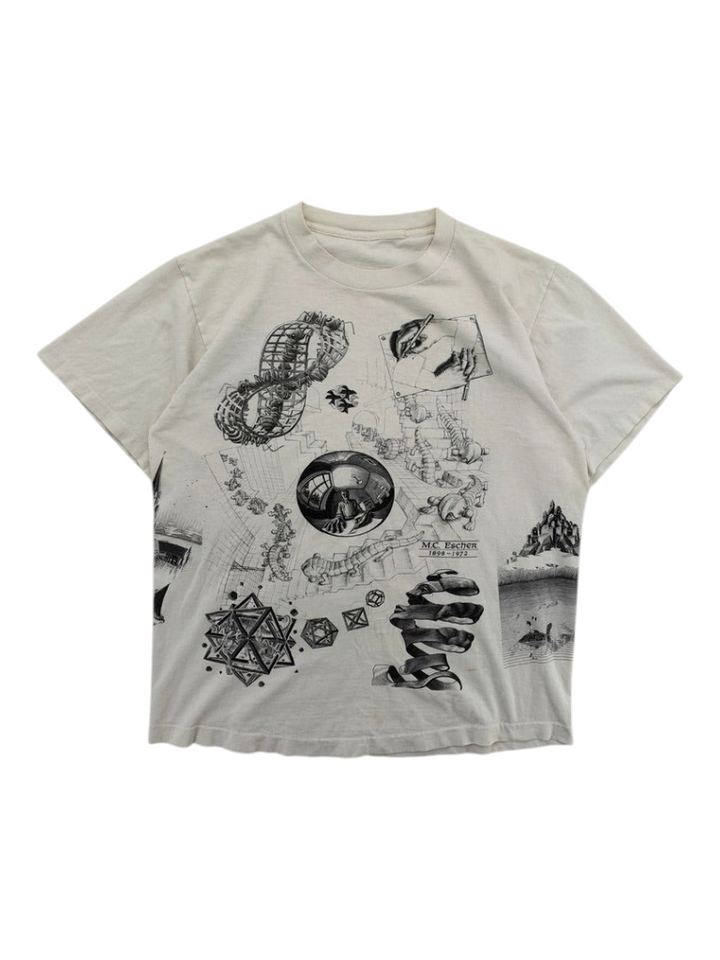 Exile Vintage 1990s Andazia M.C. Escher all-over print white cotton t-shirt with surrealist graphic art