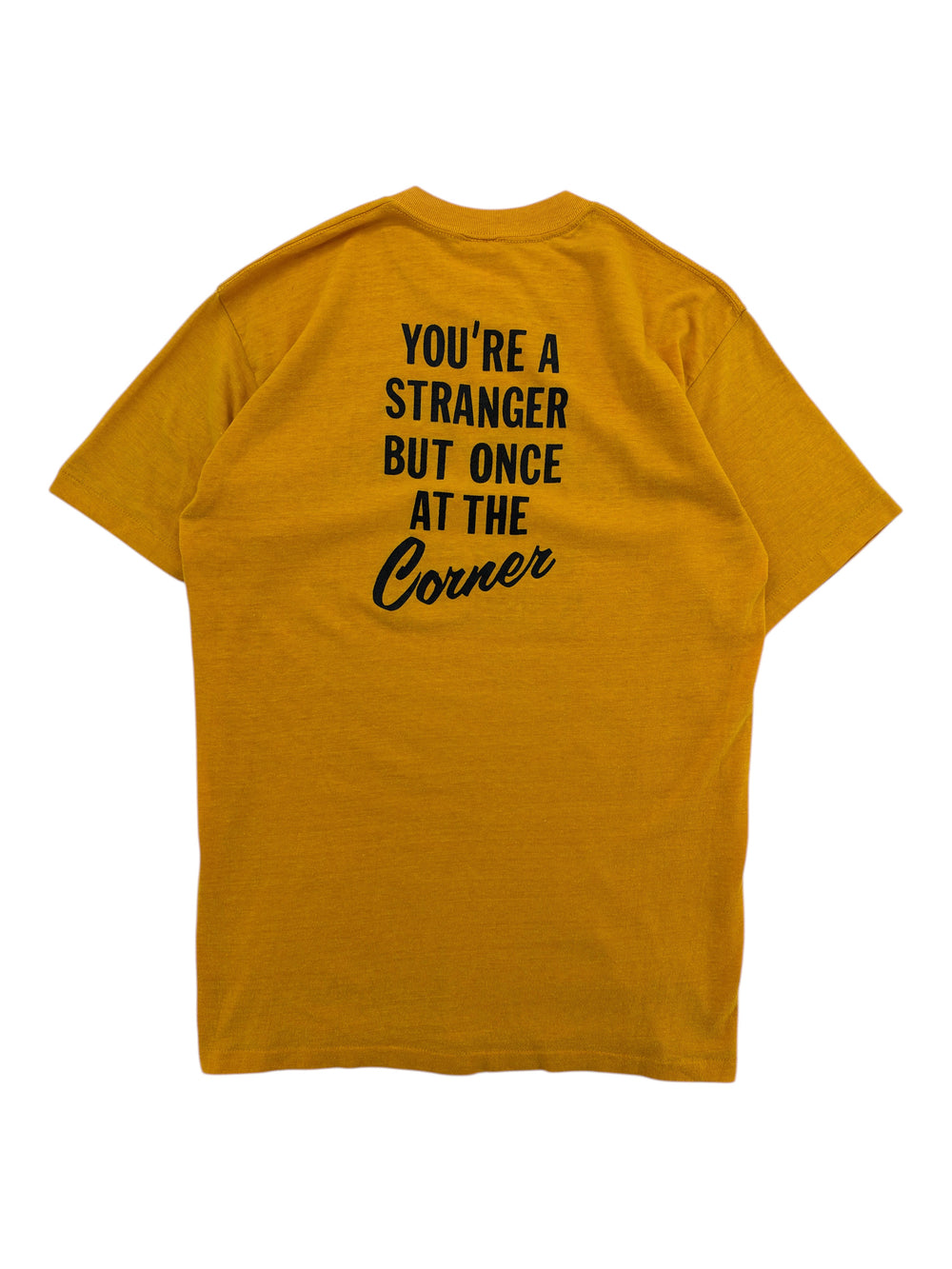 Exile Vintage 1980s mustard yellow graphic t-shirt with black text on the back