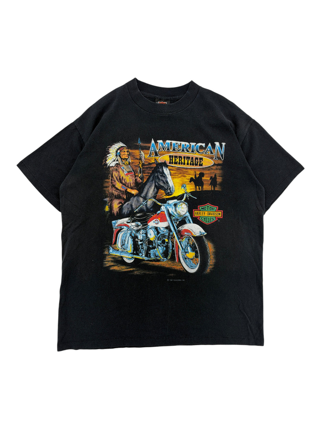 Exile Vintage 1980s black Harley Davidson American Heritage graphic t-shirt with Native American and motorcycle print.