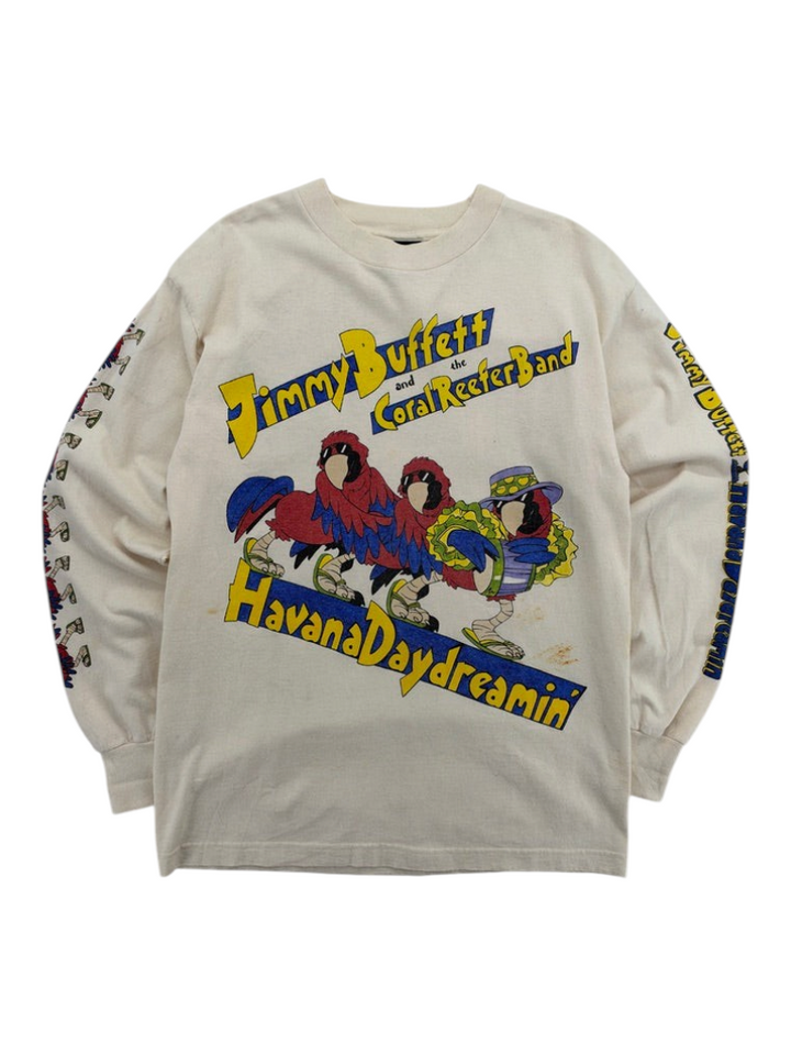 Exile Vintage 1990s Jimmy Buffett Havana Daydreamin long sleeve t-shirt in cream with colorful parrot graphic print