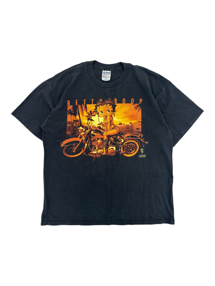 Exile Vintage black 2000s Betty Boop graphic t-shirt featuring a biker theme with sunset background