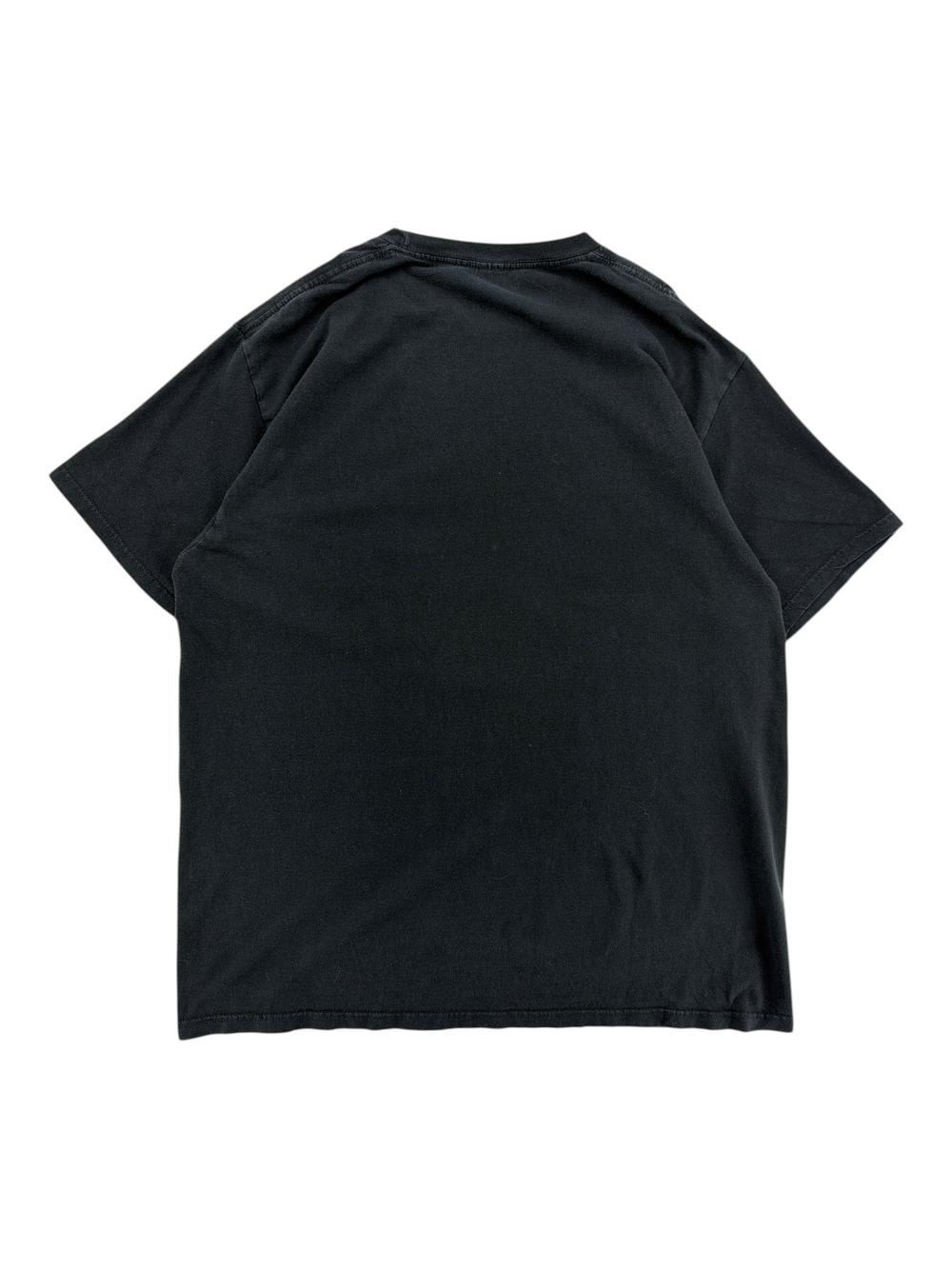 Back view of a plain black 2022 Evangelion T-shirt from Exile Vintage, size L, on a white background.