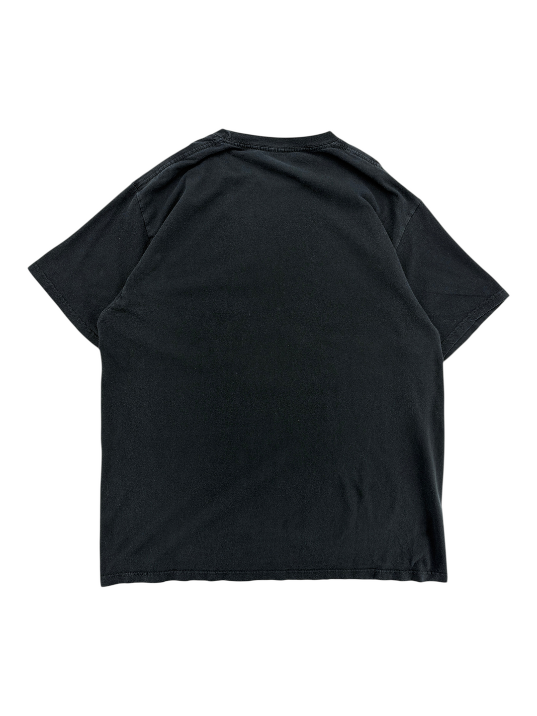 Back view of a plain black 2022 Evangelion T-shirt from Exile Vintage, size L, on a white background.