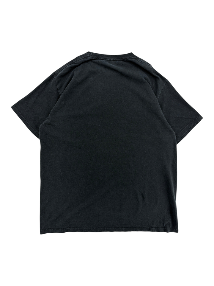 Back view of a plain black 2022 Evangelion T-shirt from Exile Vintage, size L, on a white background.