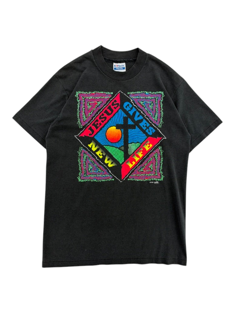 Exile Vintage 1990s black graphic t-shirt featuring a colourful Jesus Gives New Life cross and sun print.