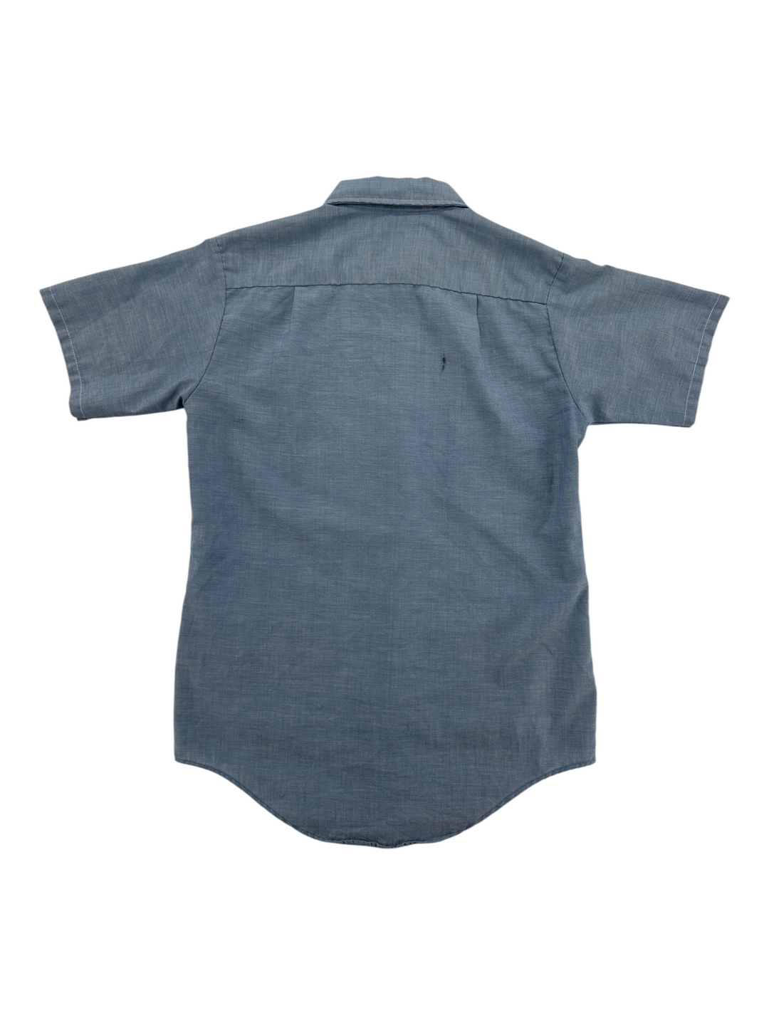 Exile Vintage 1970s Big Mac blue short sleeve work shirt, back view showing classic collar and straight hem