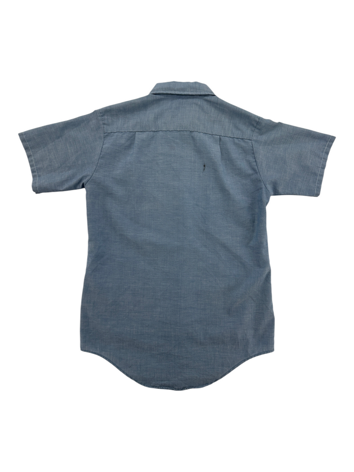 Exile Vintage 1970s Big Mac blue short sleeve work shirt, back view showing classic collar and straight hem