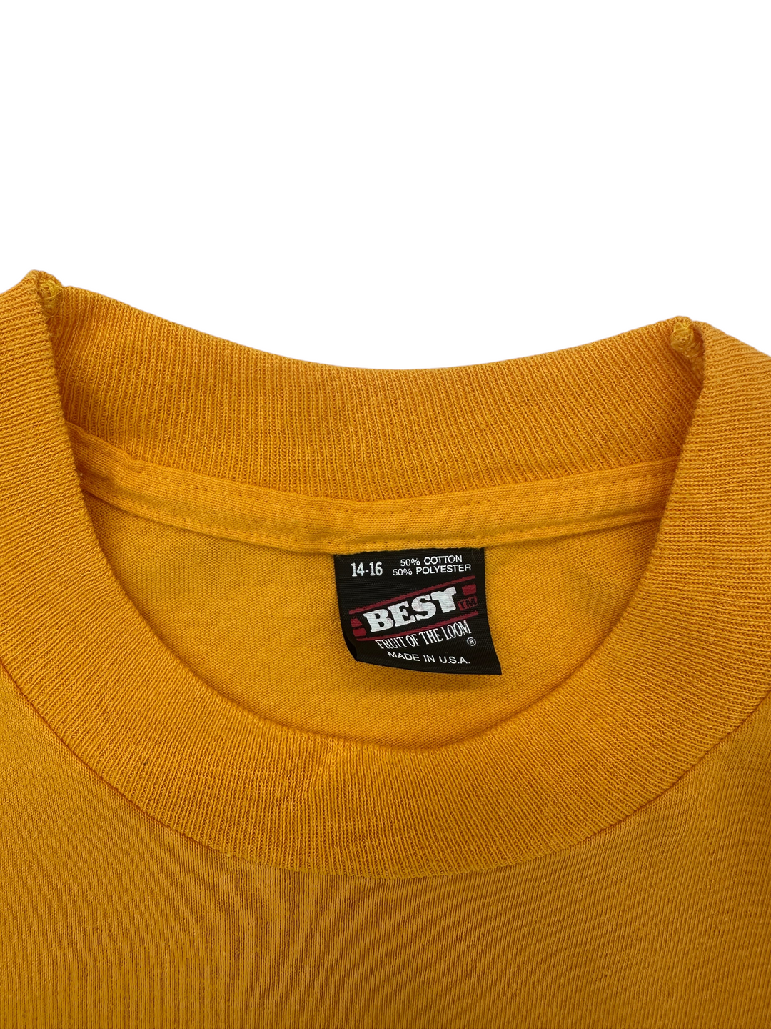 Exile Vintage yellow 1980s Fruit of the Loom Best t-shirt collar and tag detail
