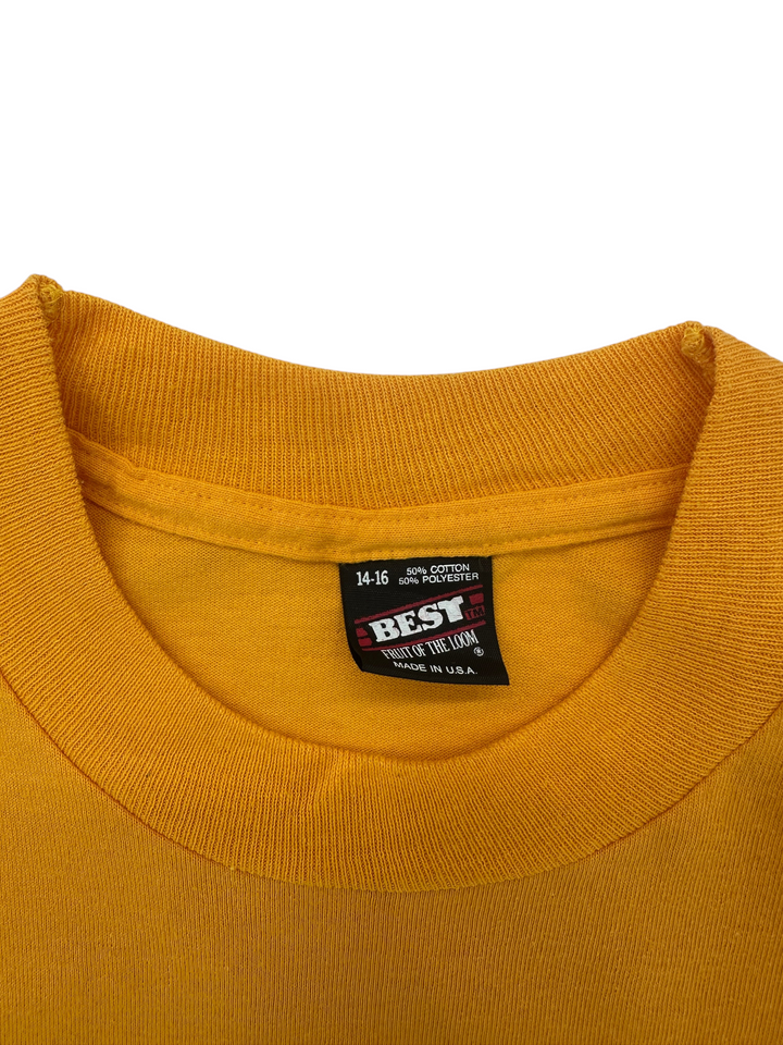 Exile Vintage yellow 1980s Fruit of the Loom Best t-shirt collar and tag detail