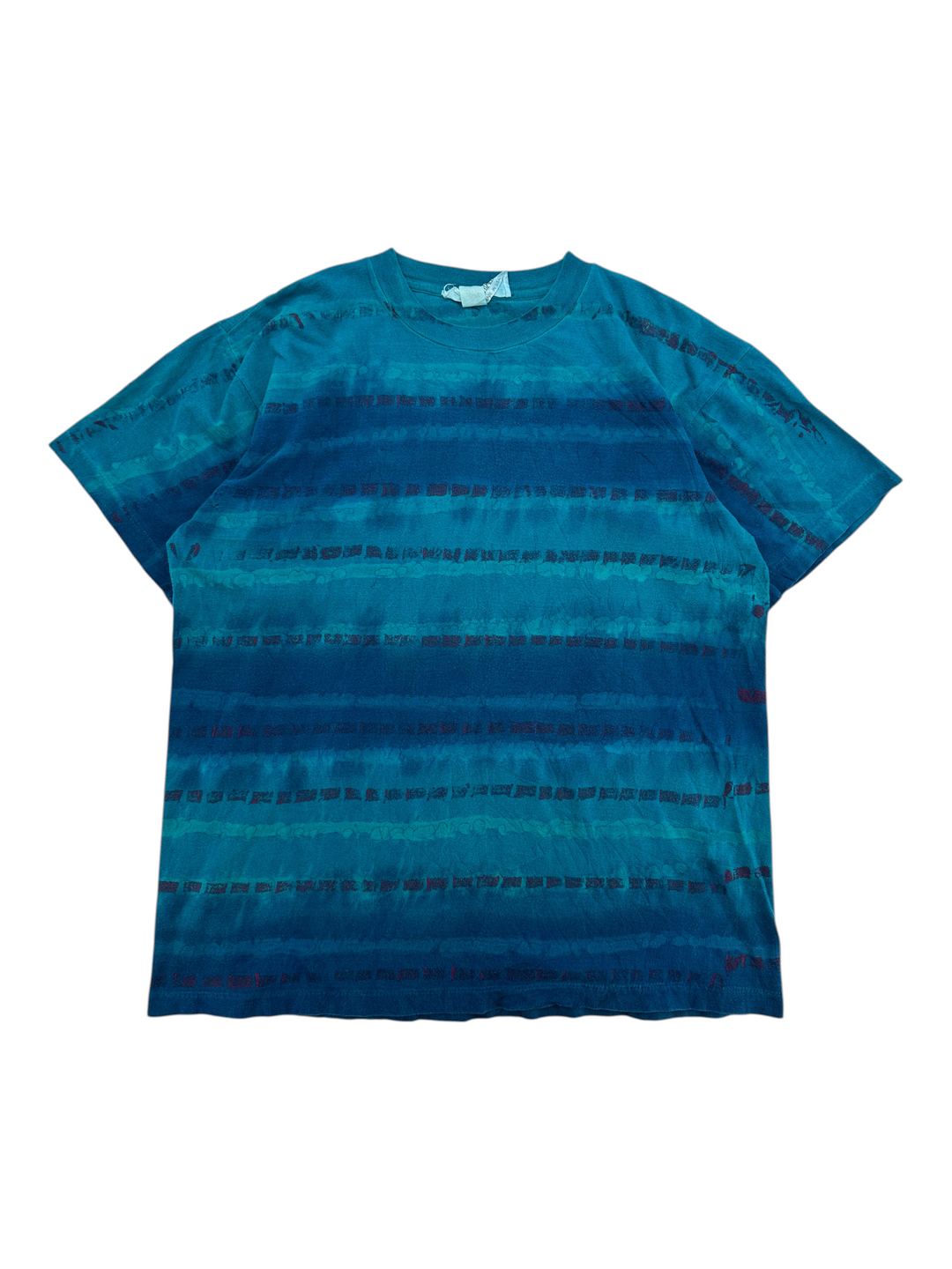 Exile Vintage 1990s Liquid Blue short sleeve t-shirt featuring a horizontal teal and dark blue striped pattern.
