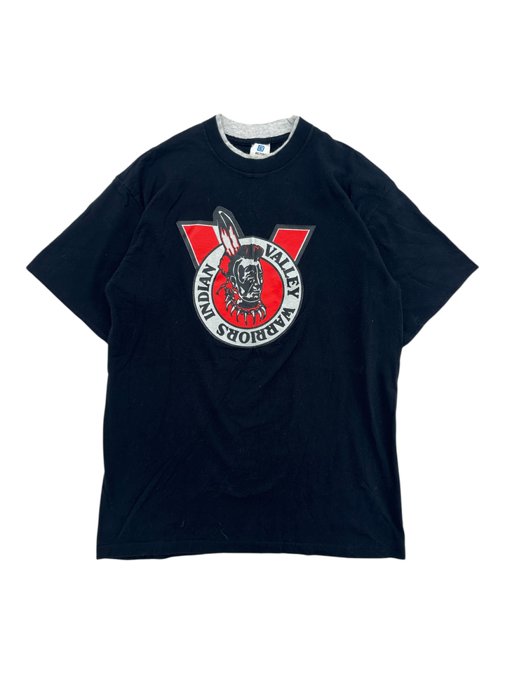 Exile Vintage black 1990s Indian Valley Warriors graphic t-shirt with a grey crew neck collar