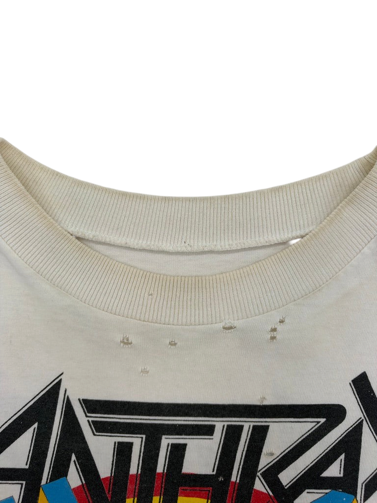 Exile Vintage white 1980s Anthrax State of Euphoria band t-shirt with collar distressing and graphic detail