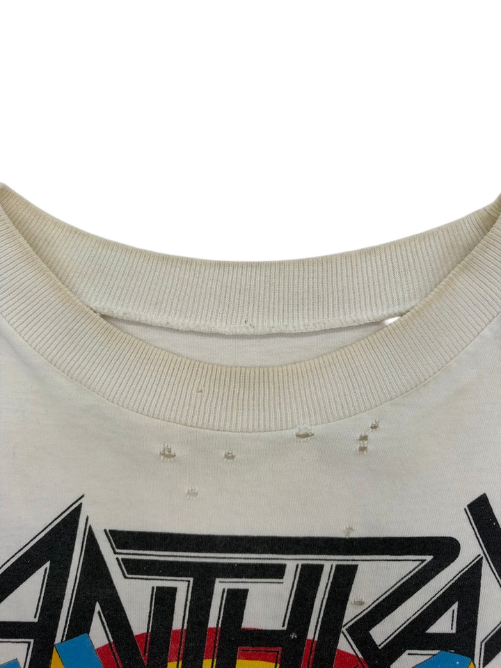 Exile Vintage white 1980s Anthrax State of Euphoria band t-shirt with collar distressing and graphic detail