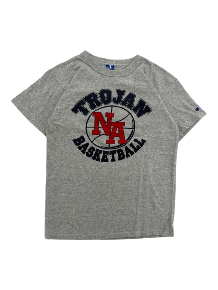 Exile Vintage grey 1980s Champion Trojan basketball graphic t-shirt with navy and red lettering on a cotton crew neck.