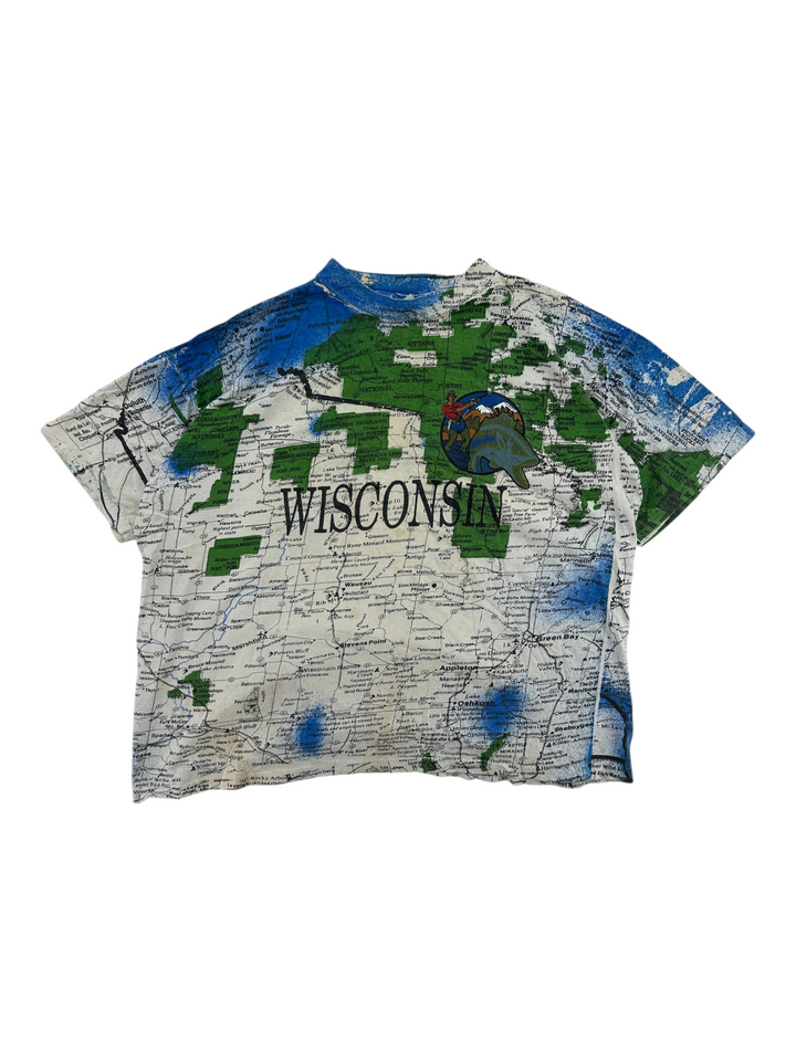 Exile Vintage 1990s all-over print Wisconsin state map t-shirt in white, green, and blue, size XL.