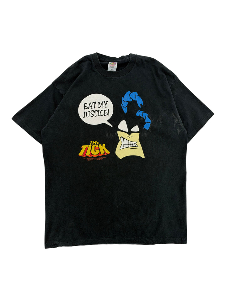Exile Vintage 1990s black The Tick Eat My Justice graphic t-shirt in size 2XL with vintage comic book print