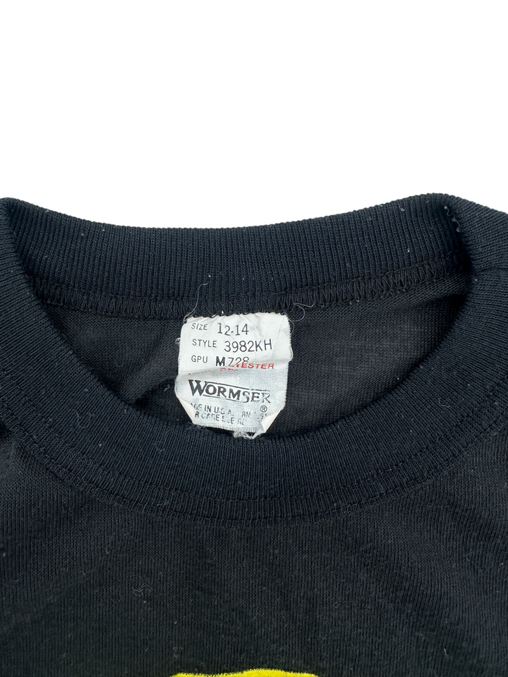 Exile Vintage black 1980s t-shirt collar with Wormser brand tag showing size 12-14 and made in USA label