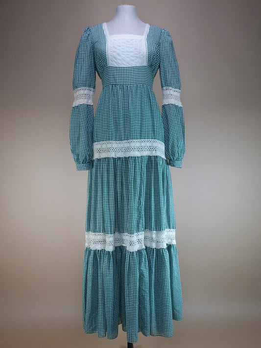 1970s - Gunne Sax Gold Label Green Checkard Dress