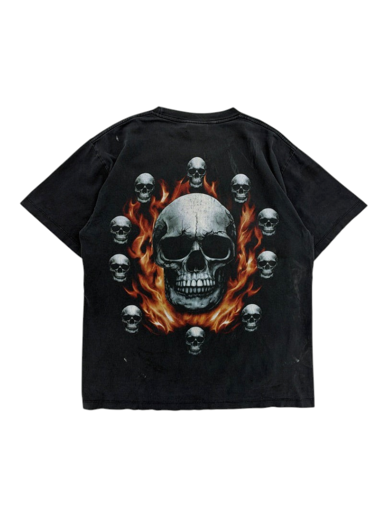 Exile Vintage black 2000s graphic t-shirt featuring a large central skull surrounded by smaller skulls and flames.