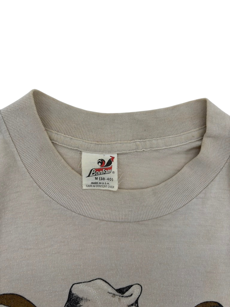 Exile Vintage 1980s beige cotton t-shirt with Banfam brand label and crew neck collar