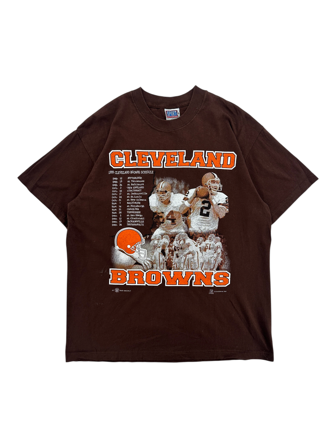 Exile Vintage 1990s brown Cleveland Browns graphic t-shirt with team schedule and football player print
