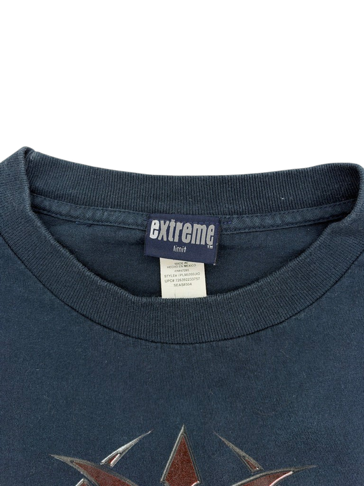 Exile Vintage 2000s Extreme Limit navy blue long sleeve t-shirt collar and brand tag detail