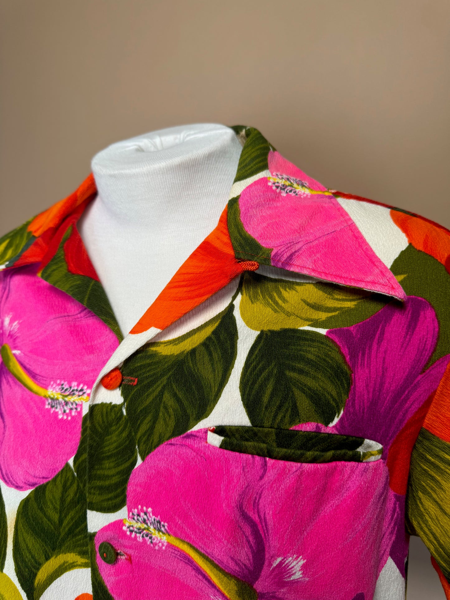 1970s - Pacific Isle Pink/Orange/Green Bar Cloth Hawaiian Shirt