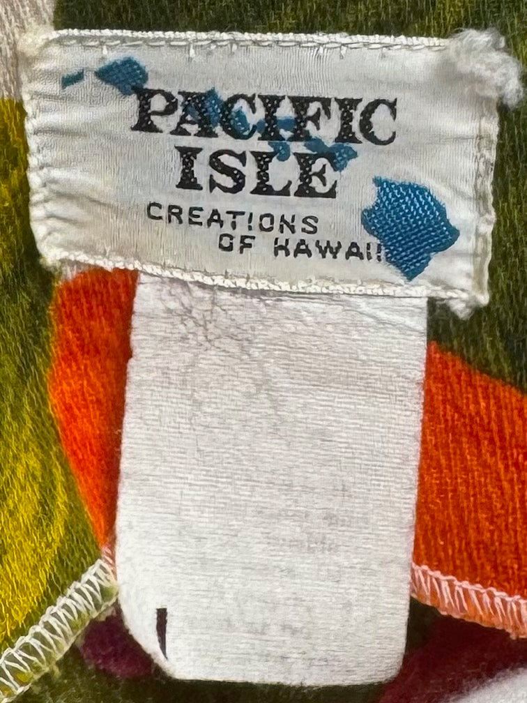 1970s - Pacific Isle Pink/Orange/Green Bar Cloth Hawaiian Shirt