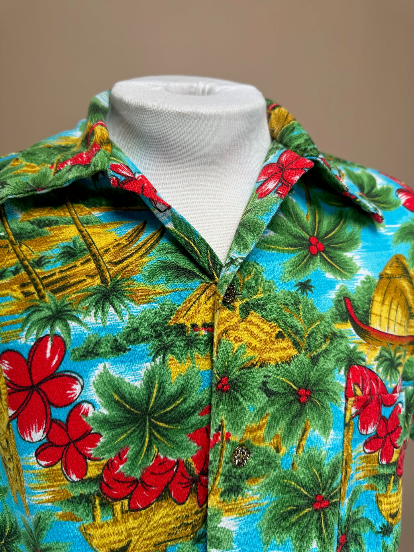 1970s - Likeke Fashions Tiki Pattern Bar Cloth Hawaiian Shirt
