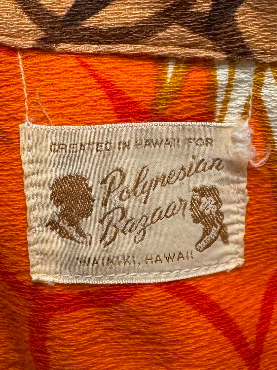1960s - Polynesian Bazaar Waikiki Hawaii Orange Bar Cloth Hawaiian Shirt