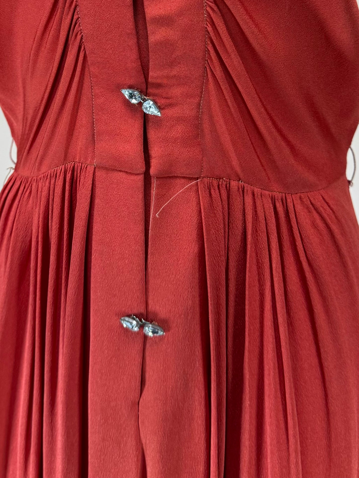 Vintage 1940s | Orange Day Dress w/ Rhinestone Closure