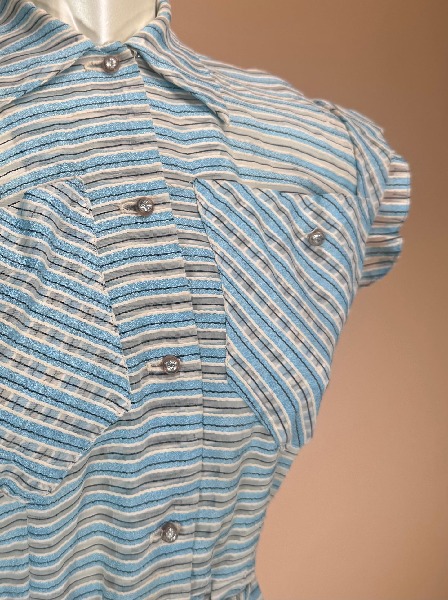 Vintage 1950s | Sky Blue & Stone Grey Striped Cotton Casual Shirtwaist Day Dress