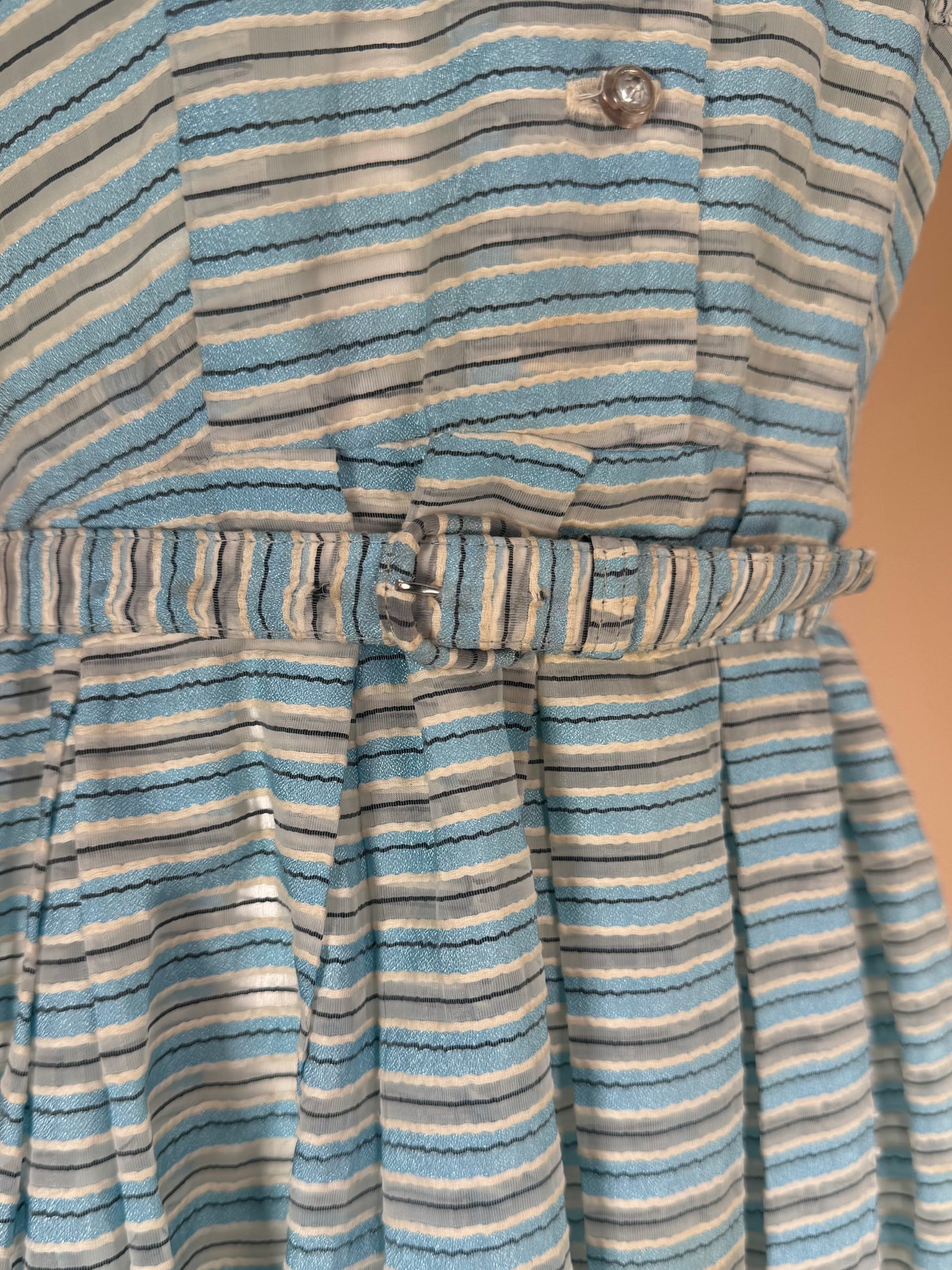 Vintage 1950s | Sky Blue & Stone Grey Striped Cotton Casual Shirtwaist Day Dress
