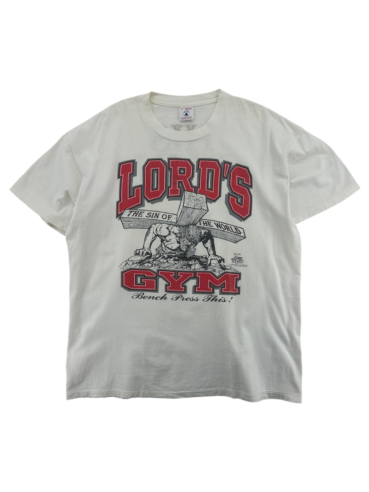 Gray t-shirt with 'Lord's Gym' graphic design on a white background