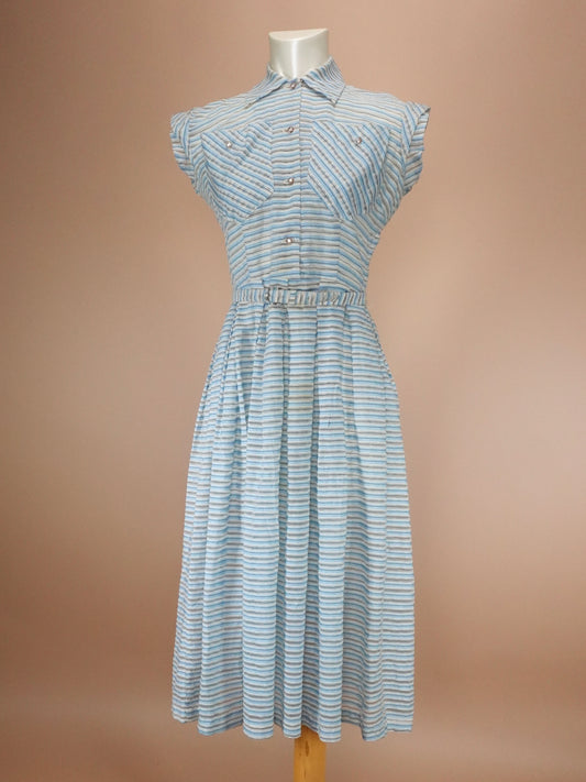 Vintage 1950s | Sky Blue & Stone Grey Striped Cotton Casual Shirtwaist Day Dress