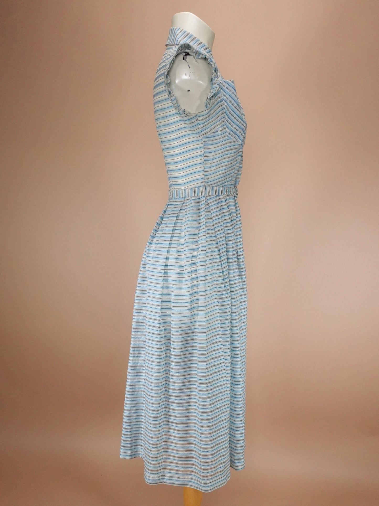 Vintage 1950s | Sky Blue & Stone Grey Striped Cotton Casual Shirtwaist Day Dress