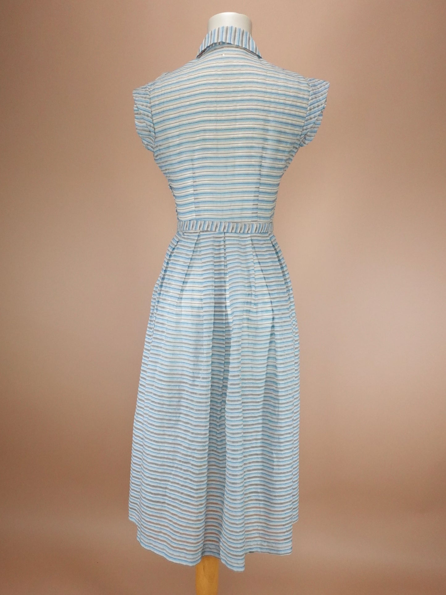 Vintage 1950s | Sky Blue & Stone Grey Striped Cotton Casual Shirtwaist Day Dress