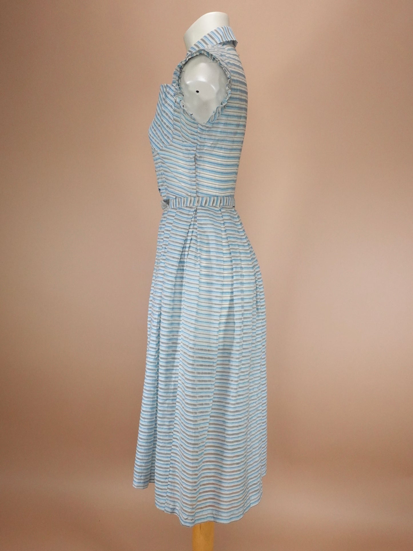 Vintage 1950s | Sky Blue & Stone Grey Striped Cotton Casual Shirtwaist Day Dress