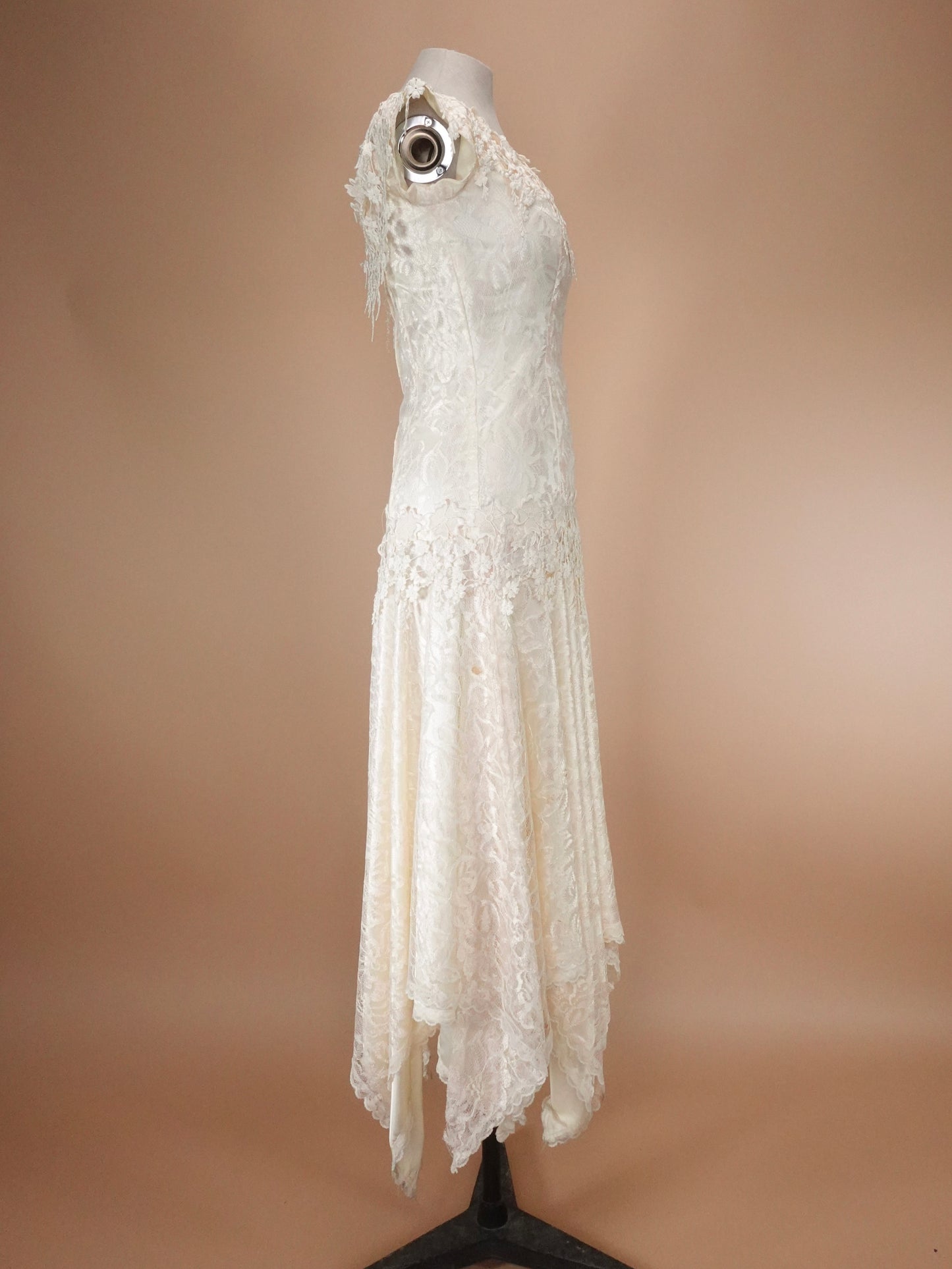 Vintage 1980s | Loralie Lace Wedding Dress W/ Handkerchief Hem