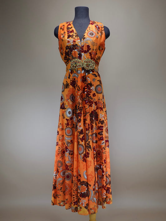 Vintage 1950s | Orange Psychedelic Floral Velveteen Jumpsuit