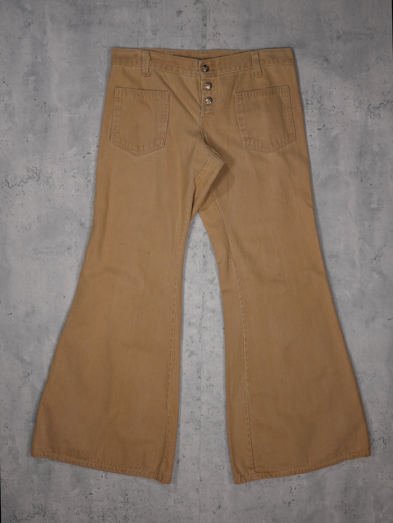 Vintage 1970s - Patch Pocket Khaki Bell Bottoms